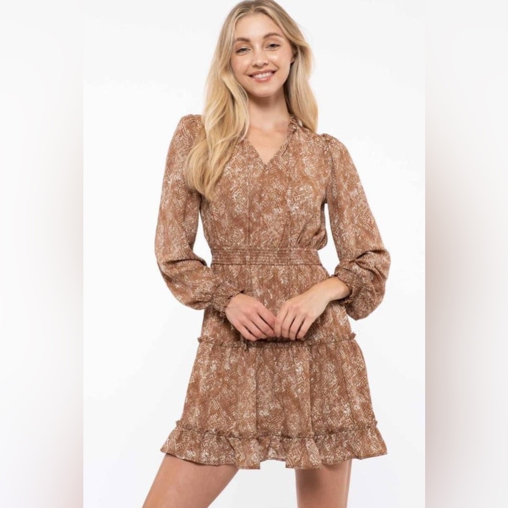 Brown Snake‎ Print Long Sleeve Dress Nwt